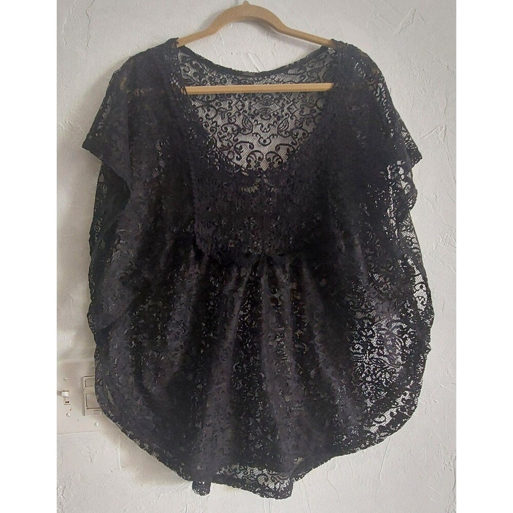 Poof! Black Lace Flutter Sleeve Sheer Top - Size L